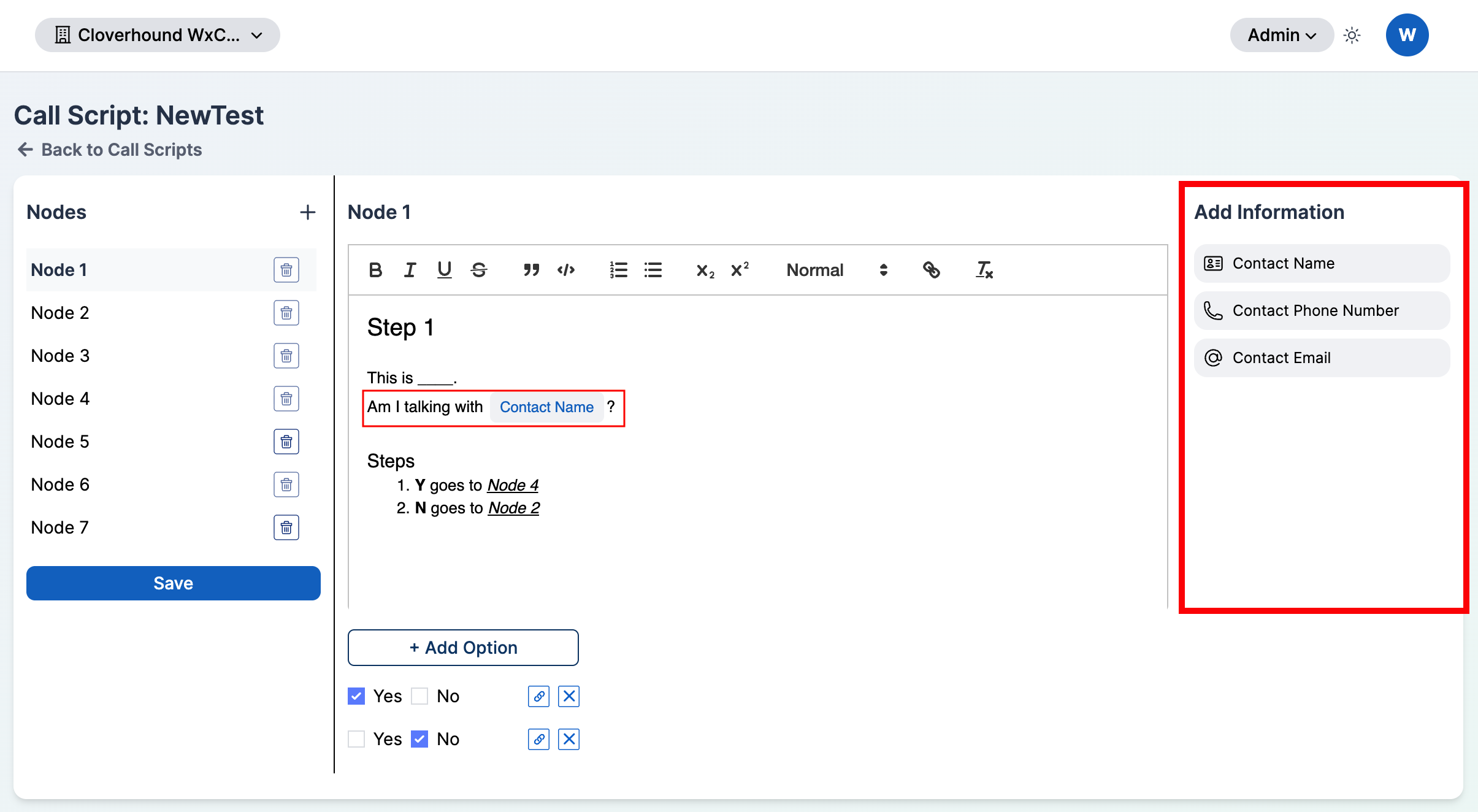 Add Information panel with three contact variable tokens