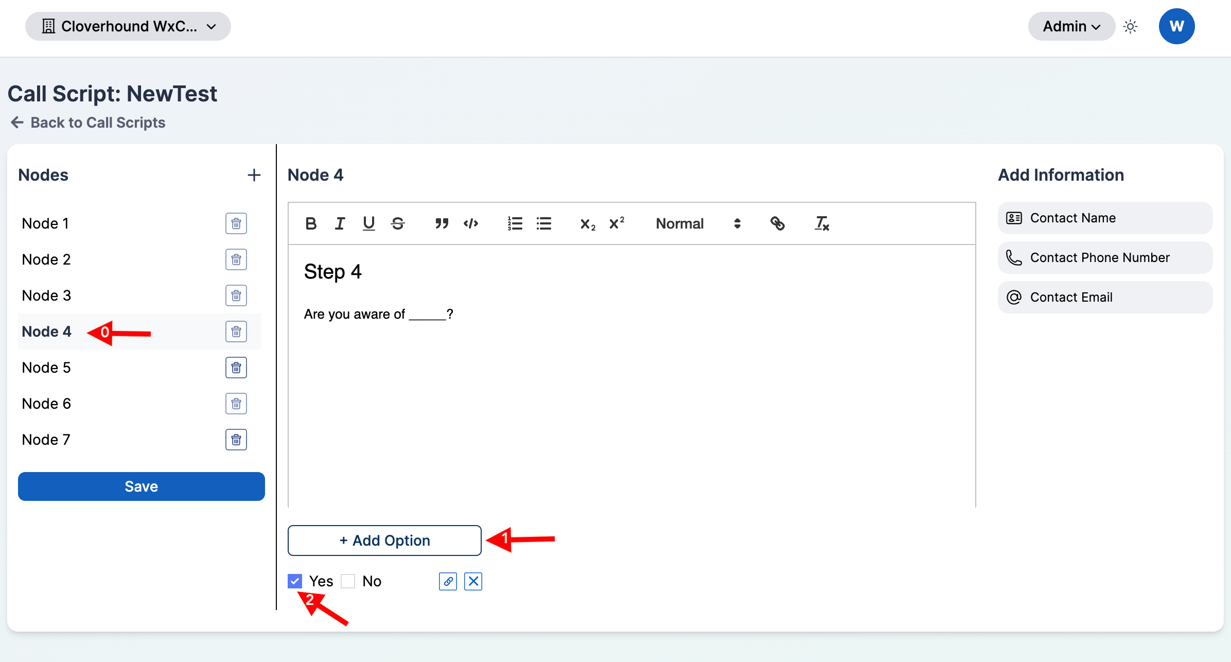 Add Option button below the node content editor