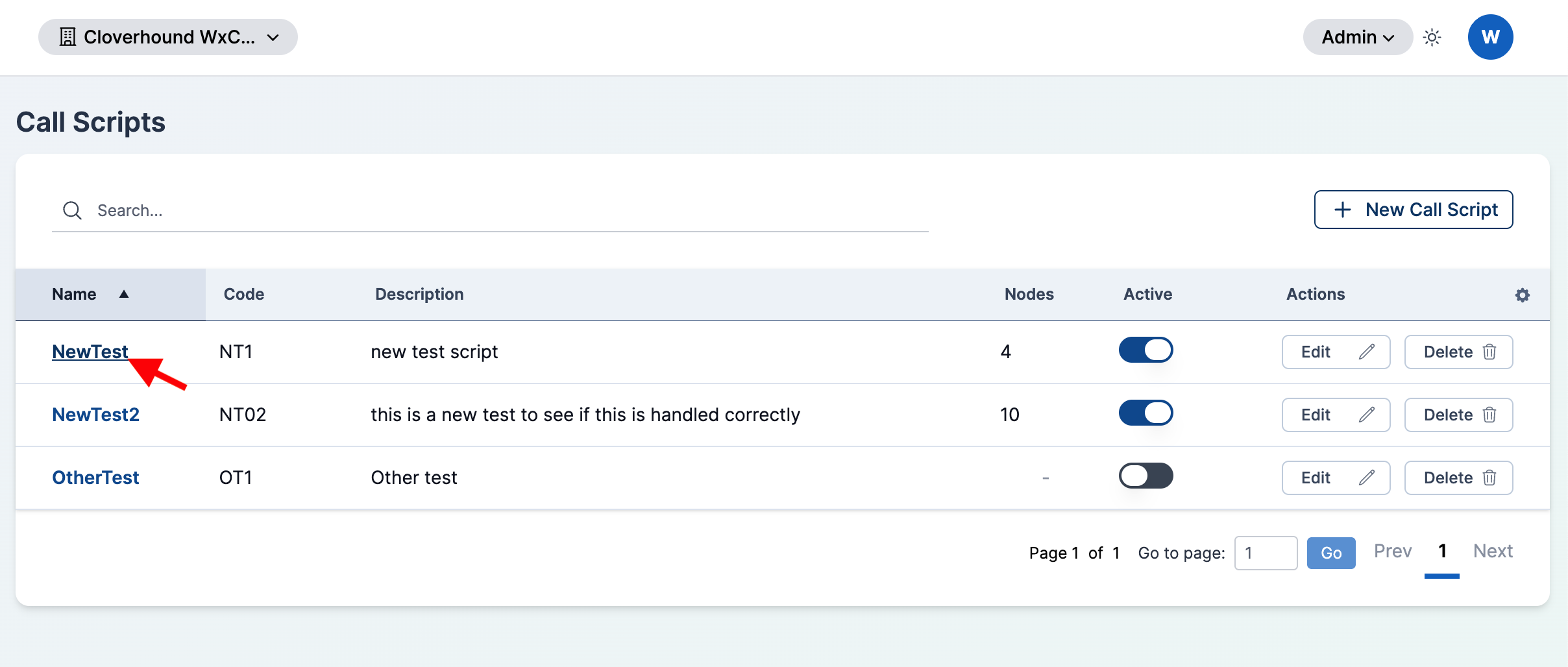 Call Scripts index with a script name linked
