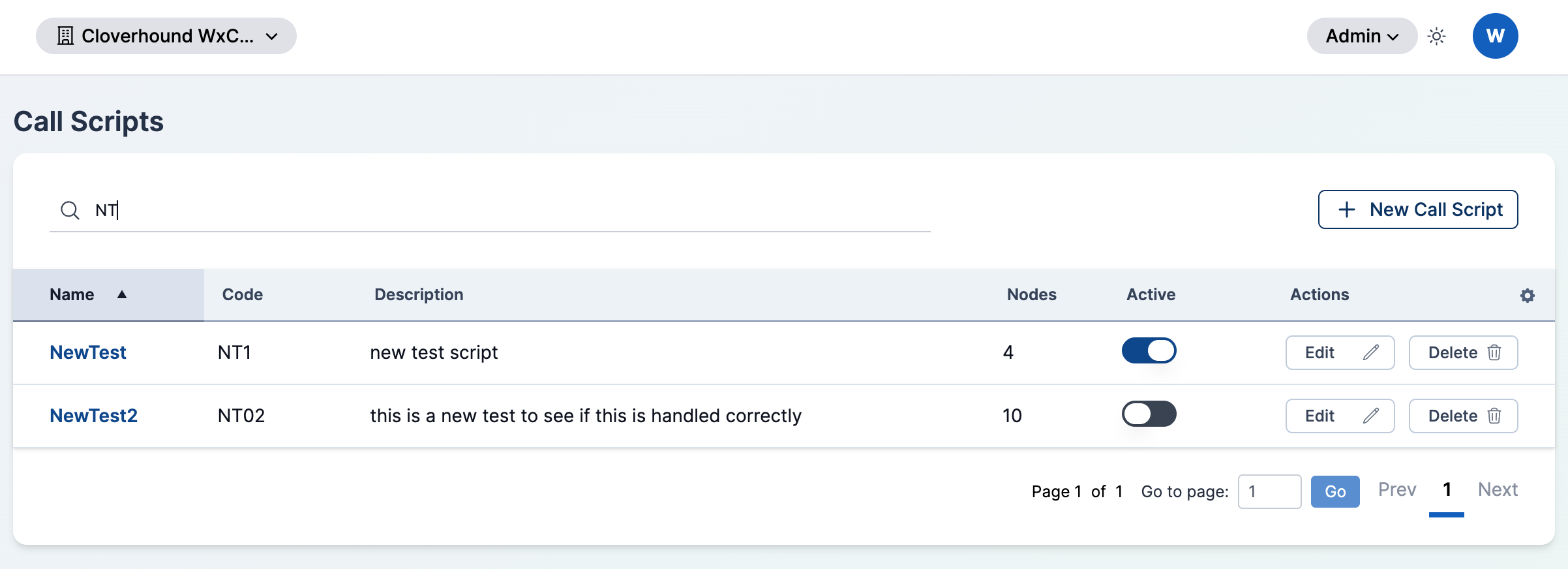 Search box filtering the call scripts list