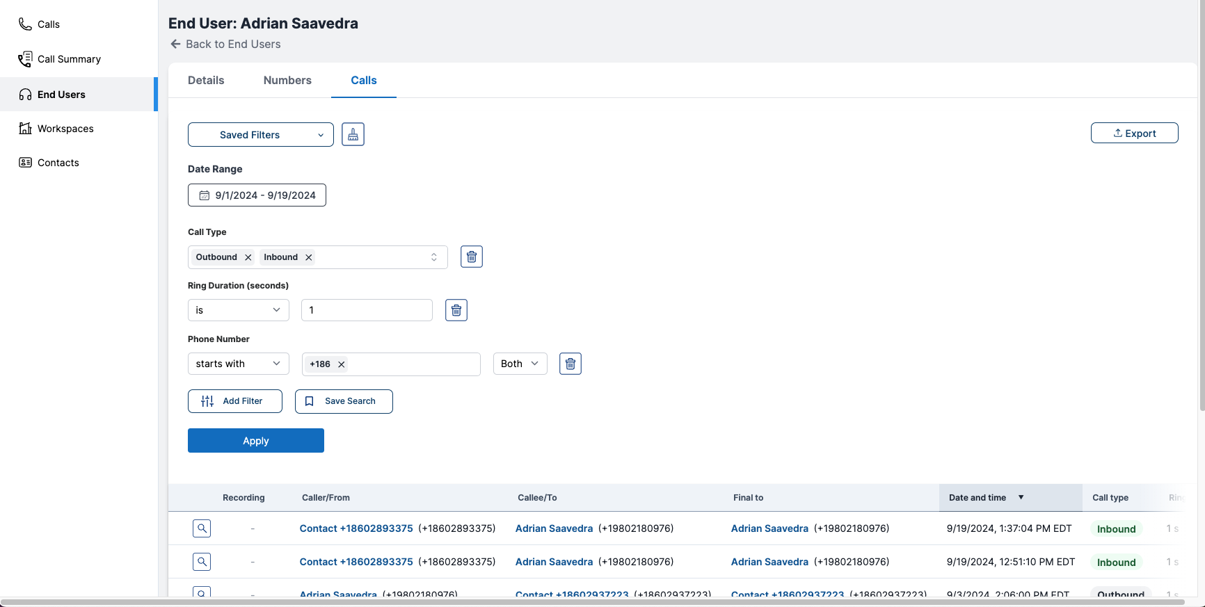 Calls Table Select Filters