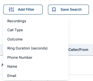 Calls Table Filter Options