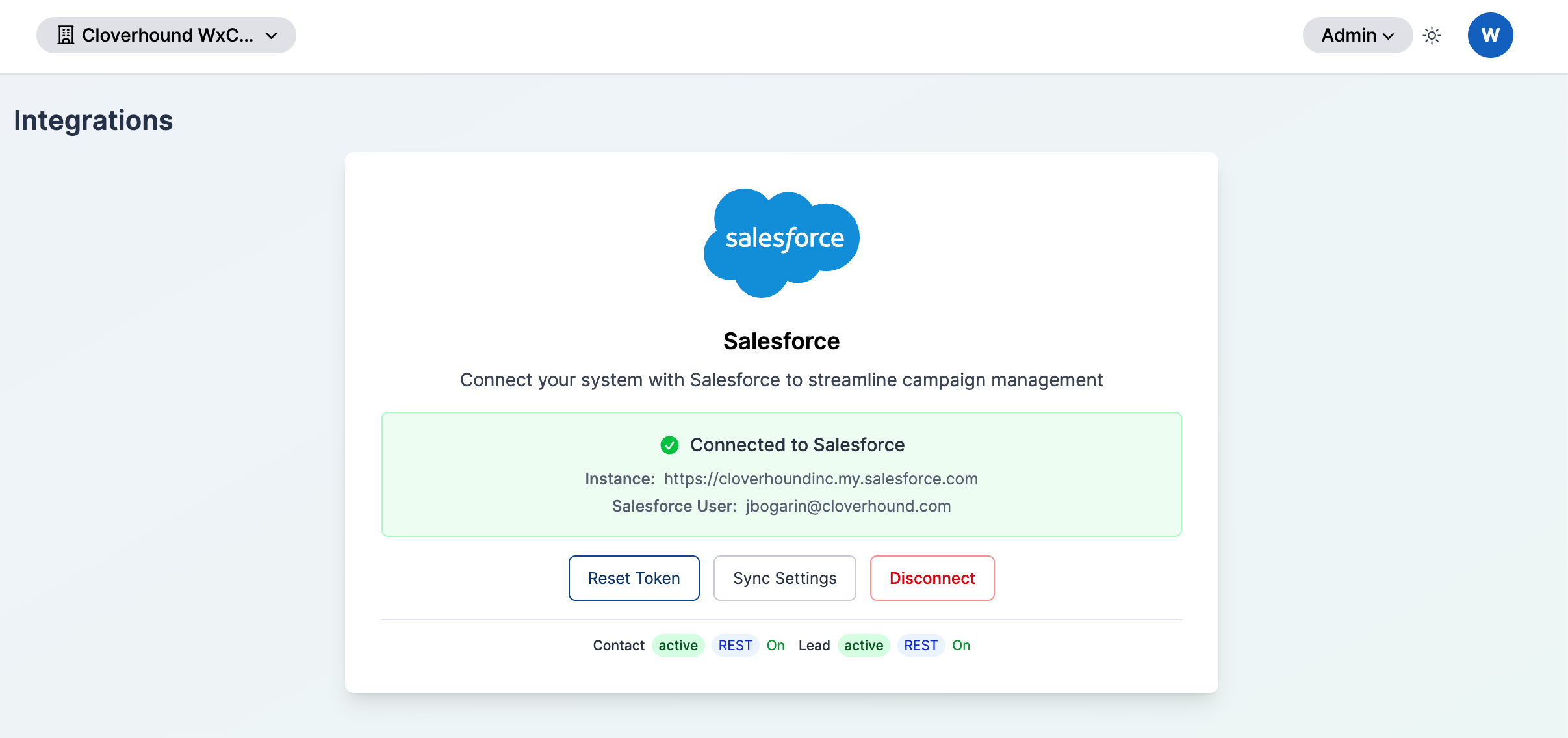 Integrations page with the Salesforce card