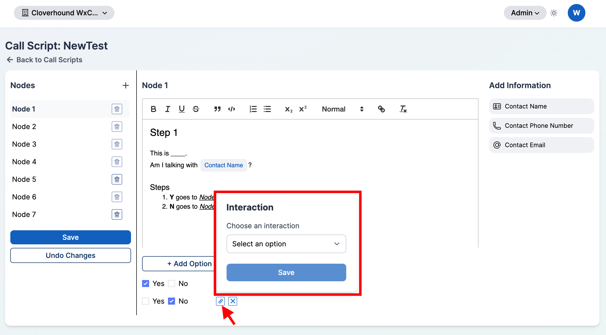 Interaction picker with Add node and New destination node options