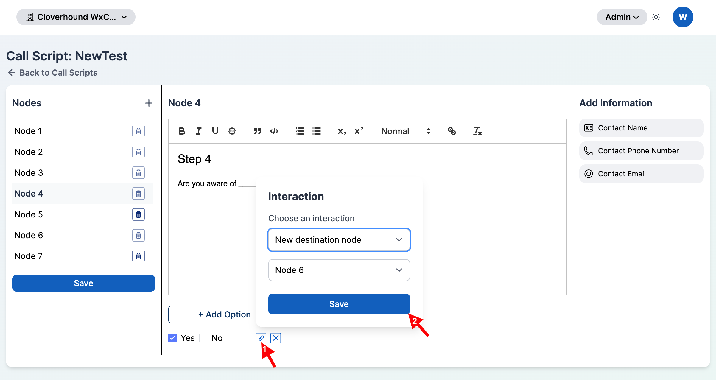Interaction picker of New destination node options