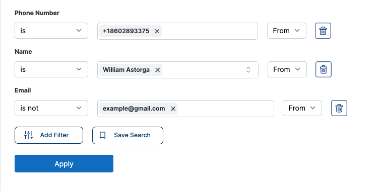 Calls Table Multiple Fields Filter