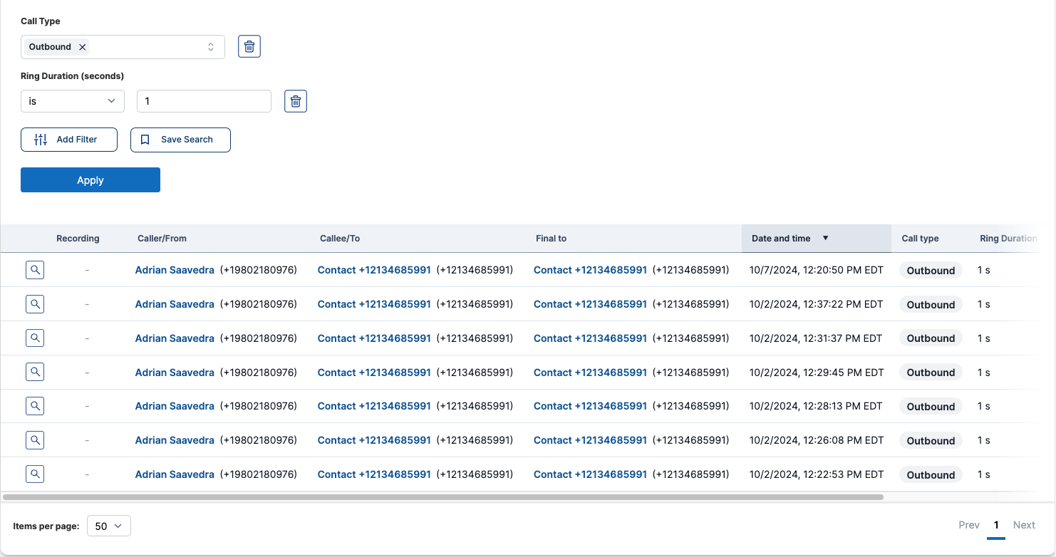 Calls Table Multiple Filters Example