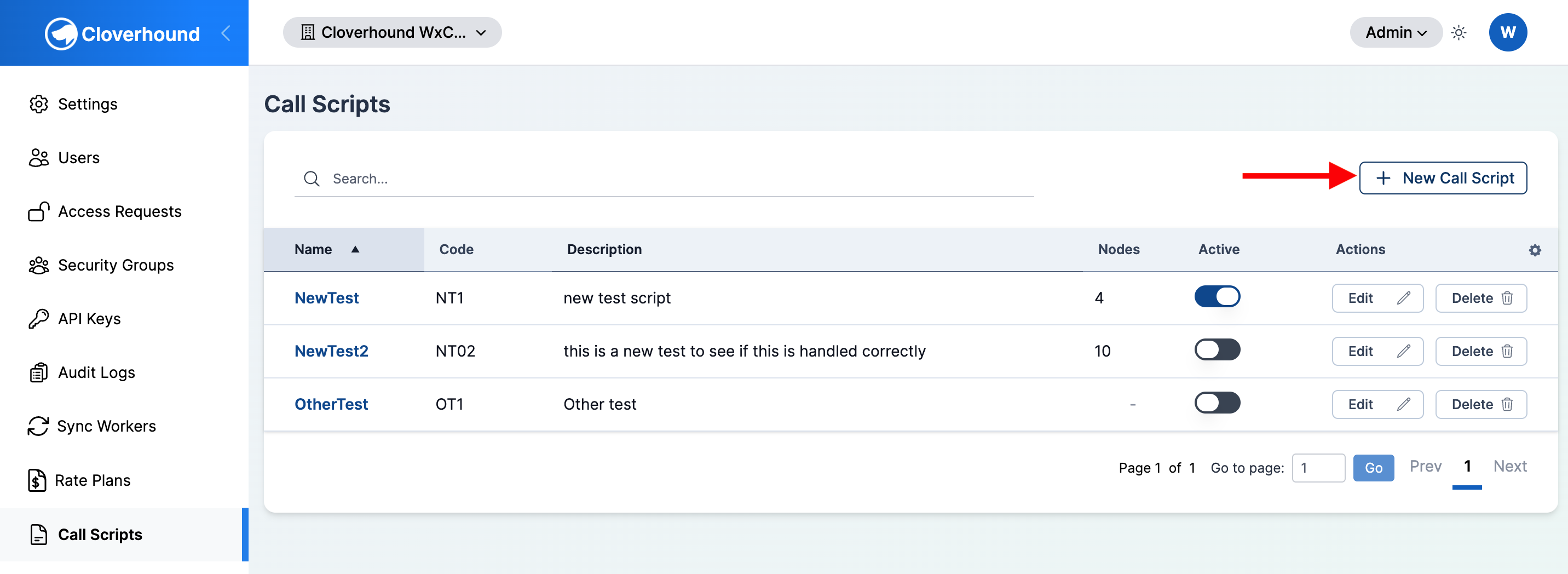 New Call Script button above the call scripts table