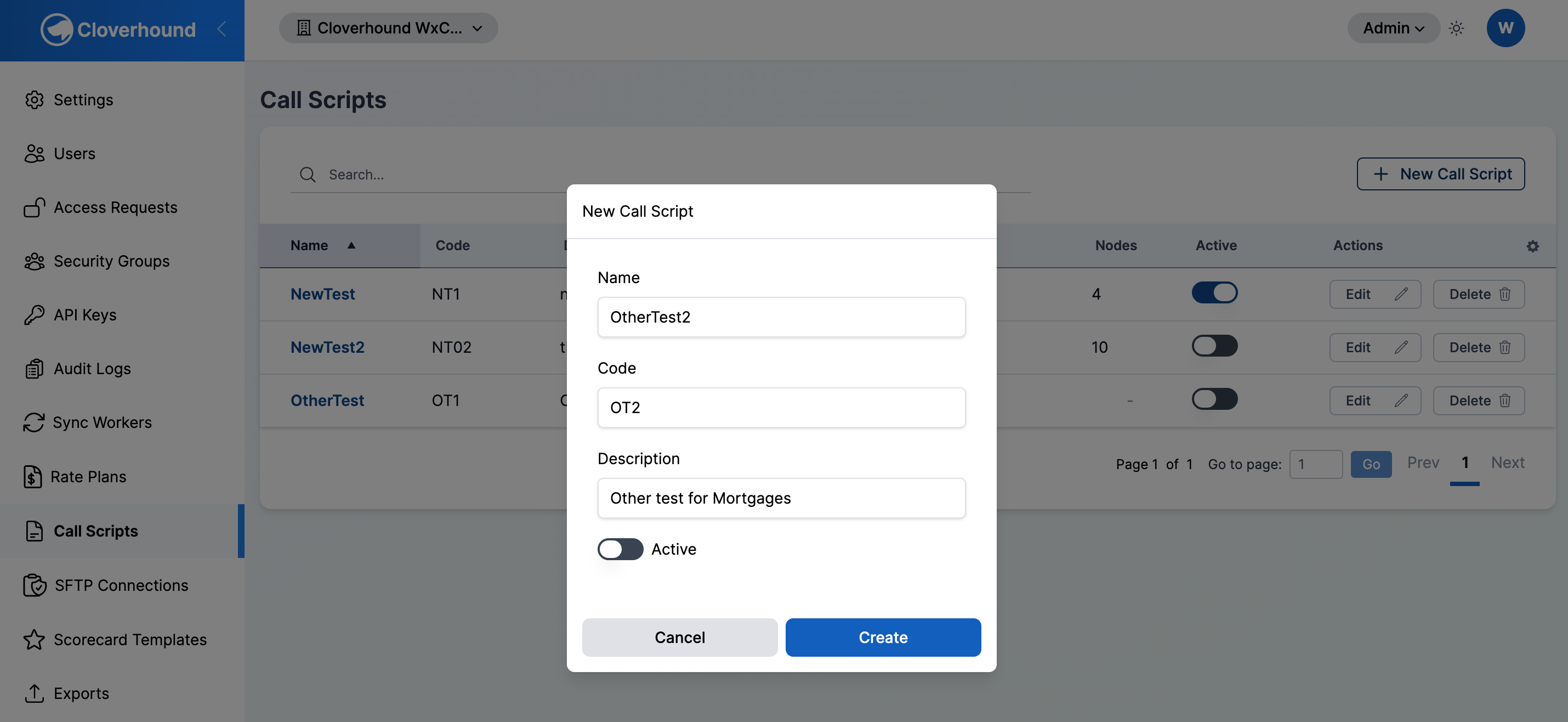 New Call Script form with Name, Code, Description, and Active fields