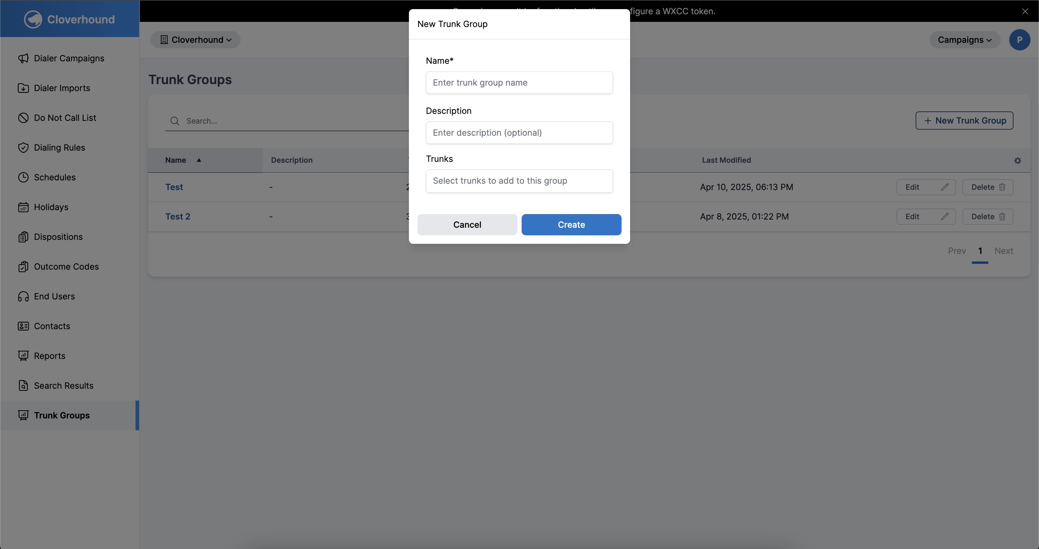 New Trunk Group Modal