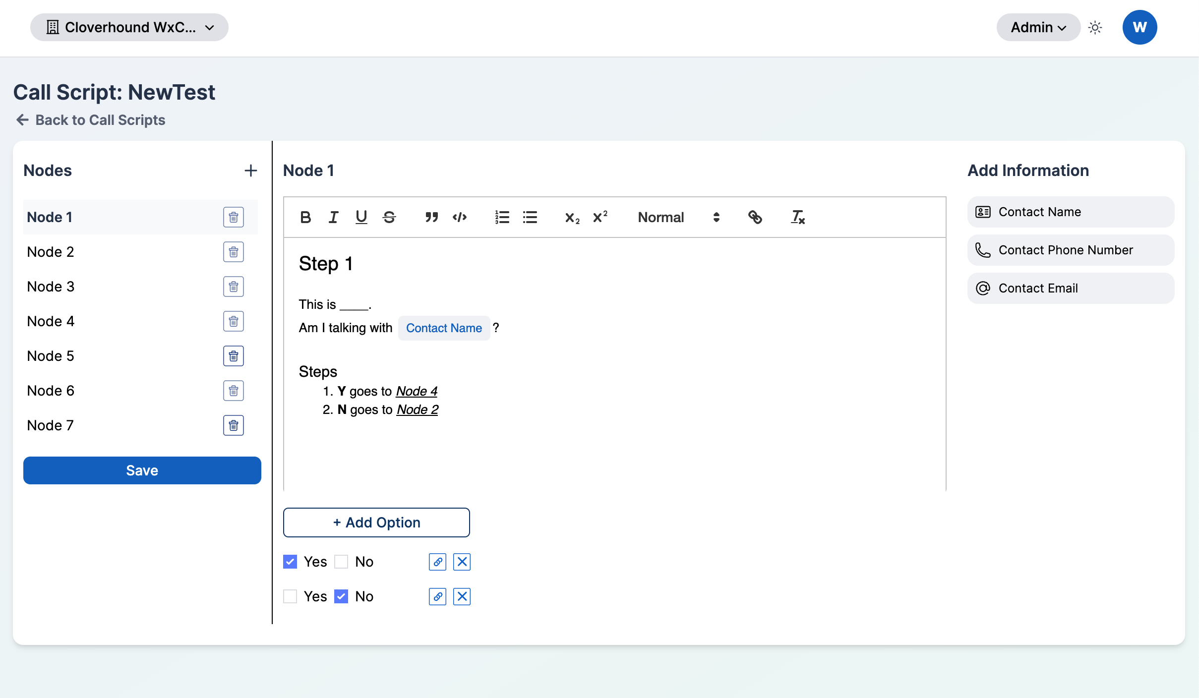 Call Script show page with the three-panel node editor
