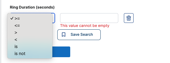 Calls Table Ring Duration Filter