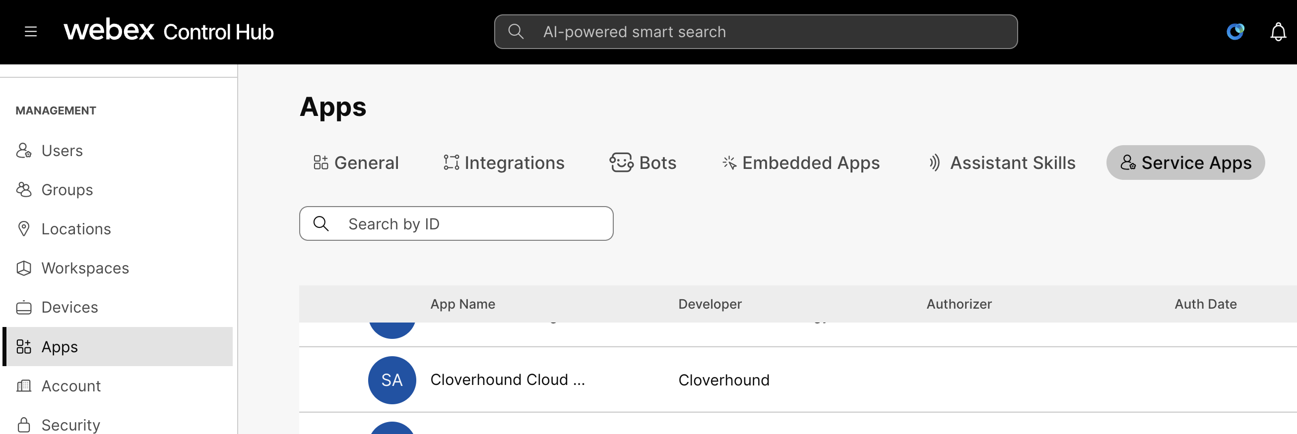 Service Apps List in Control Hub