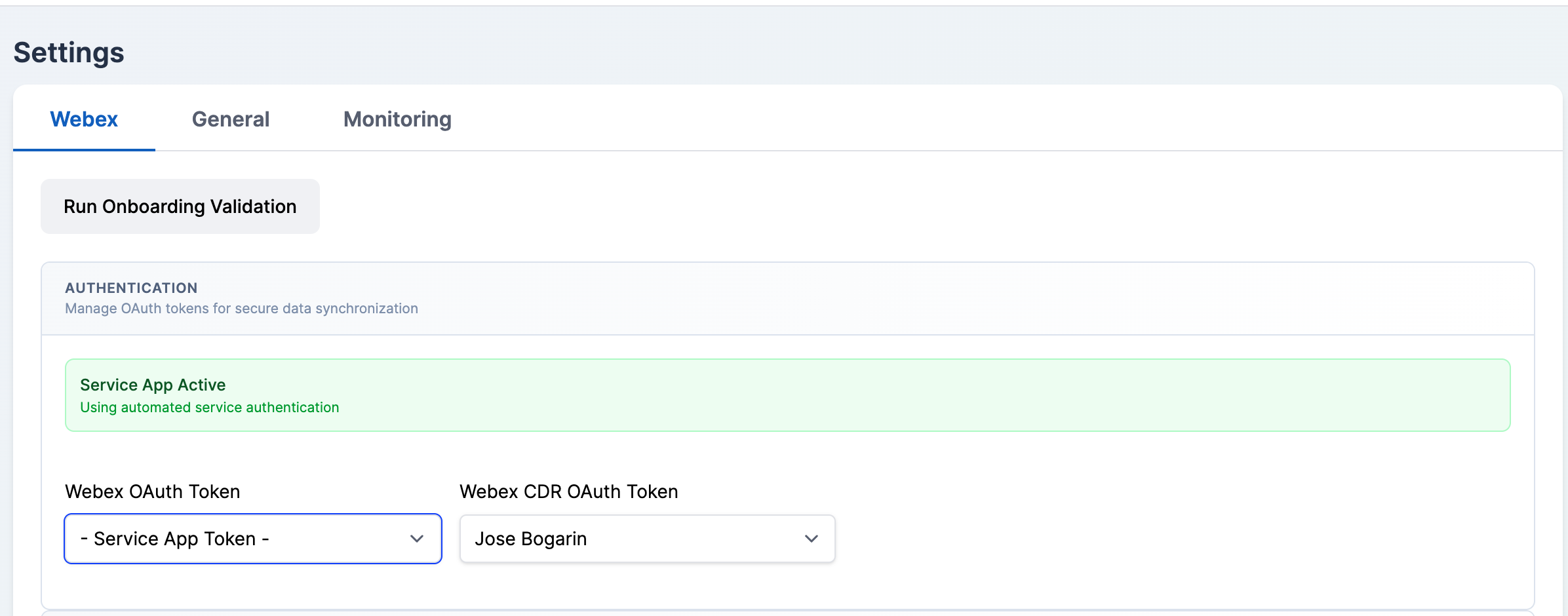 Settings page with the Webex tab selected