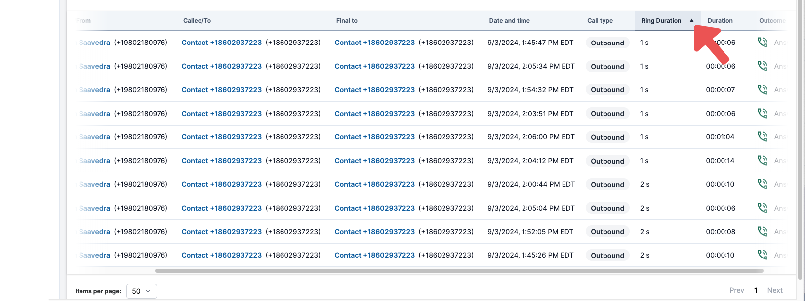 Calls Table Sorting